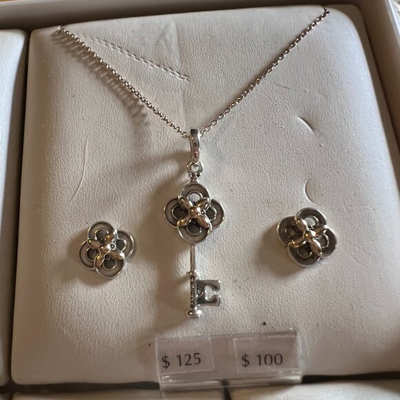 Pandora Flower & Key Necklace & Earrings Set 14K & Sterling